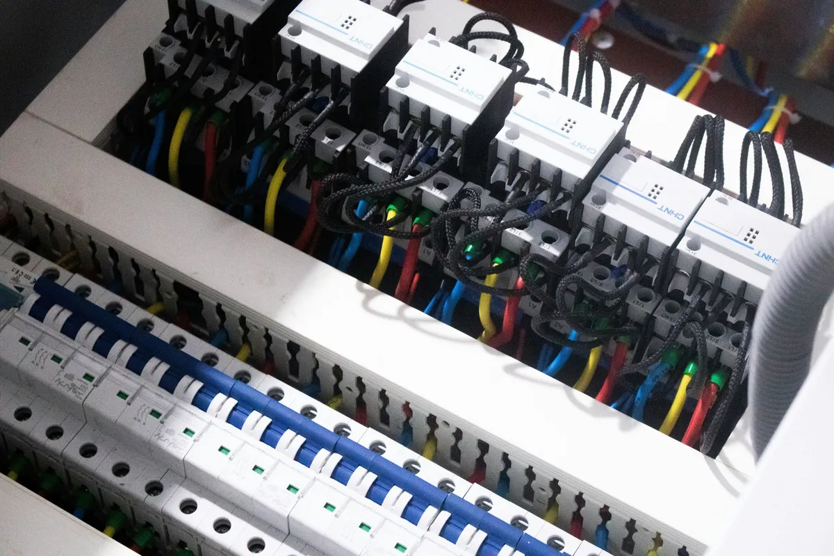 Close-up of circuit breakers and wiring inside an electrical panel — illustrative stock photo, not an actual Pahrump job site
