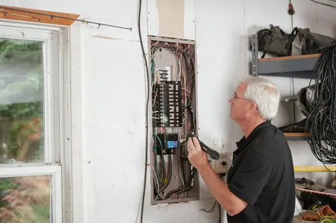 Electrician inspecting a residential circuit breaker panel — illustrative stock photo, not an actual Pahrump job site