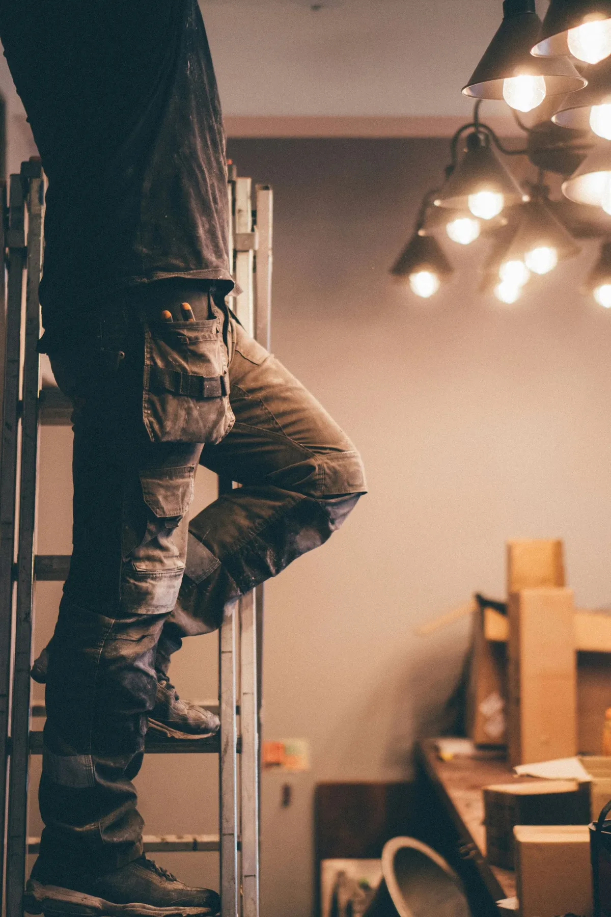 Electrician working on interior lighting wiring from a ladder — illustrative stock photo, not an actual Pahrump job site